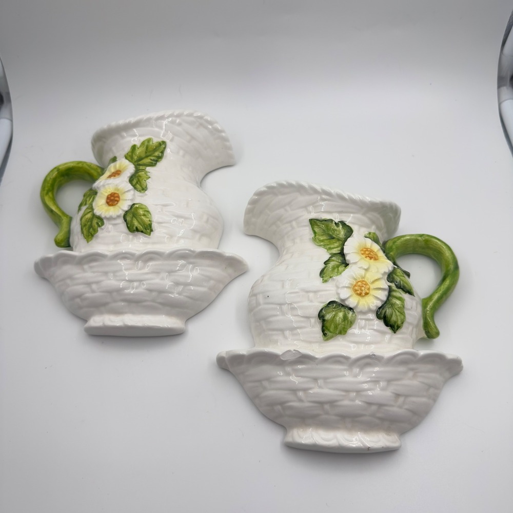 Vintage Retro Lefton Daisy Pitcher Basin Wall Pockets Set of 2 Cottagecore 6"